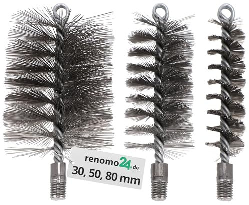 Renomo24 Ofenrohrbürste 3 Stück (30, 50, 80mm) / Heizkesselbürste mit M12 Gewinde, Kesselbürste aus Stahldraht, für effiziente Reinigung