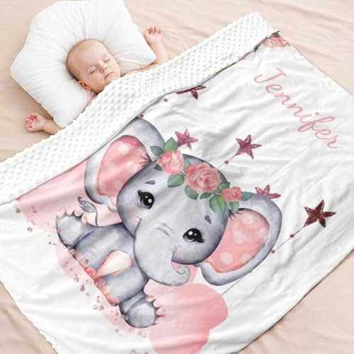 Babydecke mit Namen Personalisiert,Elefant Muster Flauschige Warme doppelseitig Minky Kuscheldecke,Geschenk Baby Taufe Geburt Mädchen Junge für Kinderdecke Namensdecke Krabbeldecke