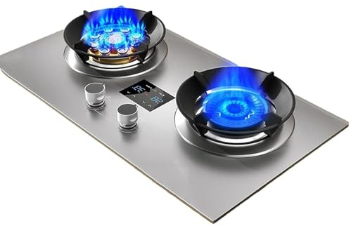 THEGA Gaskocher, Campingkocher, Gasherd Für Den Innenbereich Mit Timerfunktion, Tragbarer Gasherd Mit 2 Brennern, LPG/NG-Kocher, Wohnwagen-Kochfeld Aus Edelstahl, Freistehende Tischplatte(LPG)