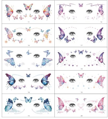 OHREN 10 Tatouages Temporaires Papillon Tatouage Pailleté Visage Corps Autocollants Ailes d'Ange Étanche pour Festival de Musique Bal Fête Cosplay