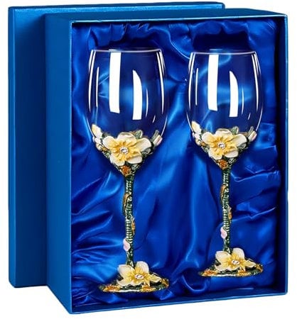 XUDREZ Painted Enamel Flower Lead-Free Wine Glasses,320ml/10.8 OZ Red/White Crystal Wine Glasses (Apricot Blossom Red Glass*2 Gift Box)