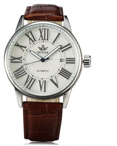 DEARMAMY Automatische Mechanische Herrenarmbanduhr Mit PU Band Weiß Silber Armbanduhr Mit Braunem Lederband Präziser Zeitmessung Modell Sewor