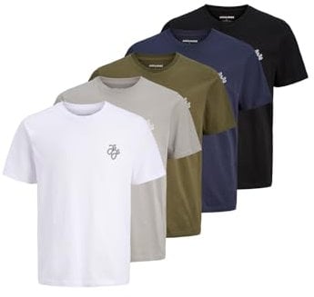 JACK & JONES Mens 5 Pack Short Sleeve T-Shirt White/Navy/Black/Ol/Grey XXL