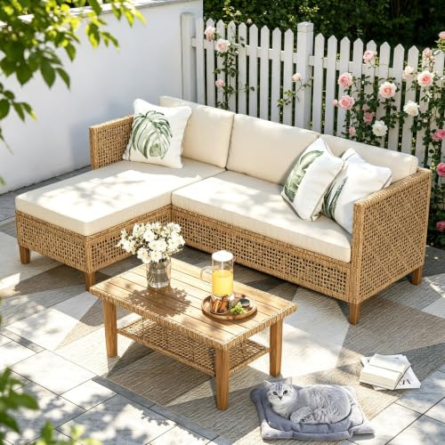PHI VILLA Rattan Garden Furniture Sets with Coffee Table, L Shaped Outdoor Sofa Set 4 Seater, Corner Balcony Patio Furniture with Thickened Cushions for Backyard, Beige