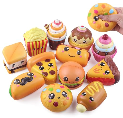 Anboor 12 Pcs Food Squishies Zeitverzögert Pizza Hamburger Eiscreme-Kuchen | Smore, Keks, Pommes Frites, Hot Dog, Taco, Zeitverzögert Squish Squeeze Fidget Toys, Stressabbau, 12 Pcs Food Squishies