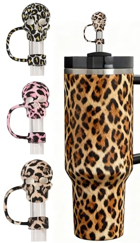 Amreich Y2K Skull Straw Toppers Leopard Spooky Boo Basket Stuffers | 3D Goth 10mm Straw Accessories Fit Stanley 2.0 Tumblers | Horror Gifts for Halloween, Day of the Dead, Dia de Los Muertos