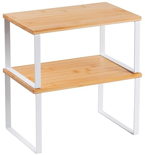 hunwutef 2-Stöckiges Stapelbares Küchenschrank Organizer Regal, Bambus Regal mit Metallrahmen, Gewürzregal & Schrank-Organizer für Küchen Utensilien, Platzsparend