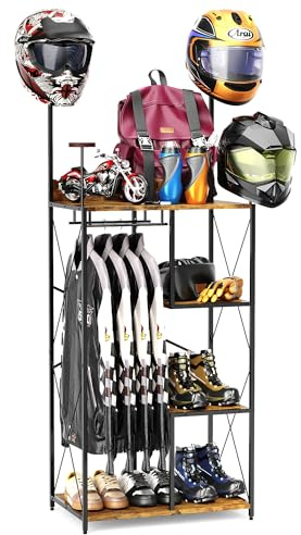 Simaixing 4 Tier Floor Standing Motorcycle Helmet Holder, Large Motorcycle Gear Rack 4 Helmet Hanger, 3 in 1 Gear Storage Helmet Storage Rack