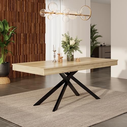 Merax Ausziehbarer Esstisch 140/180 x 80 cm, rechteckiger Tisch, Esszimmertisch mit extra starker Tischplatte, Metall-Kreuzbeine, Küche & Wohnzimmer, Holzfarbe