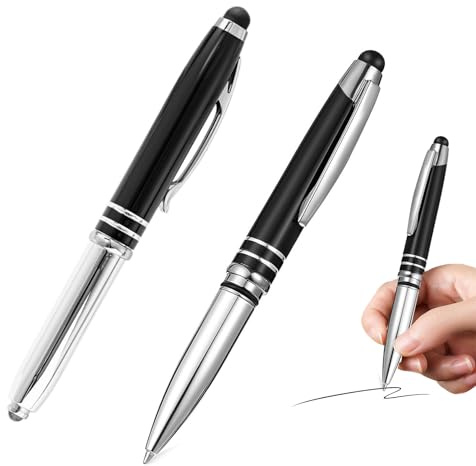 Bolígraro 3 en 1 con Luz LED Integrada y Punta Táctil, 2 Unidades Bolígrafos de Metal para Escribir, Linterna Miniatura y Herramienta Táctil, Ideal para Escritura Nocturna, Oficina, Regalo (Negro)
