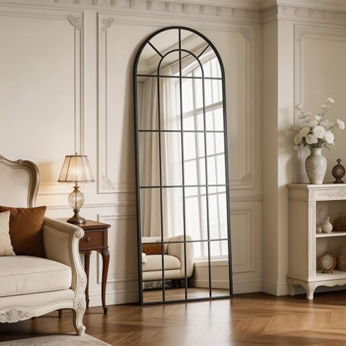 Lvguang Espejo de Cuerpo Entero Abovedado con Diseño de Cuadrícula 63x175cm | Espejo de Pared Decorativo Tipo Ventana con Marco de Metal y Bisel | para Entrada, Salón y Pasillo