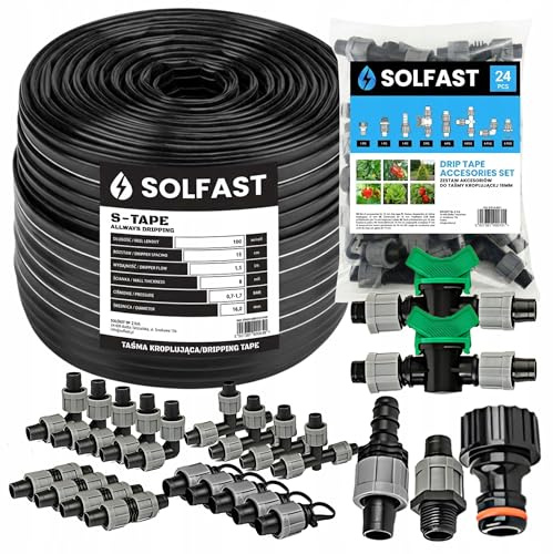 SOLFAST Tropfschlauch Set 100m 16mm 15cm Abstand 1,5L/h – Bewässerungssystem Komplettset mit Zubehör (24 Teile) – Tropfbewässerung für Garten, Gewächshaus & Feld