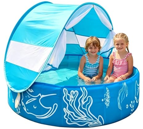 Piscina per bambini, con tettuccio e rete, non gonfiabile, antiscivolo, per cortile, 120 cm di diametro e 30 cm di altezza, per esterni, patio, , spiaggia, viaggi e giochi all'aperto