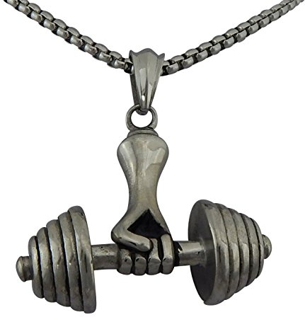 Hanessa Schmuck für Herren Hals-Kette mit Hantel-Anhänger Titan-Stahl in Silber in groß Geschenk zu Weihnachten für Ehe-Mann/Freund/Männer