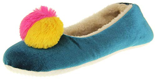 DUNLOP Femmes Fourrure Synthétique Confort Pom Pom Pantoufles EU 36-37 Sarcelle/Fuchsia