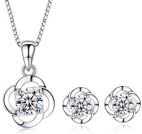 Kamise Schmuckset Damen Silber 925, Halskette Damen & Ohrstecker, Klee Anhänger Silberkette mit 45cm Silber Kette & Ohrringestecker mit Weiß Zirkonia, Schmuck Set mit Geschenkbox für Mutter Frauen