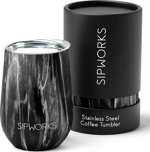 Sipworks Wine Tumbler with Lid - 12 oz Stainless Steel Insulated Wine Tumbler – Portable Spill Resistant Stemless Travel Wine Glass & Cocktail Cup - Gray Marble