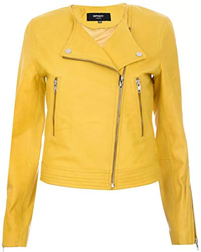 Ladies Leather Jacket Classic Biker Style Yellow Real Collarless Womens Jacket L