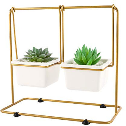 superbpag Sukkulenten-Blumentöpfe mit Ablaufloch, 8,9 cm, rechteckig, weiße Keramik, Sukkulenten-Übertopf, Kaktus-Blumentopf, Behälter mit goldenem Ständer – Pflanzen nicht im Lieferumfang enthalten