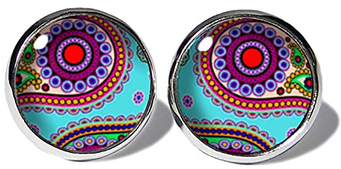 Paisley Bunt-Türkis Ohrstecker ABOUKI Damen Mädchen Kinder Edelstahl Ohrschmuck Motiv Paisleymuster Boho Hippie Ethno handgefertigte Ohrringe silber-farben