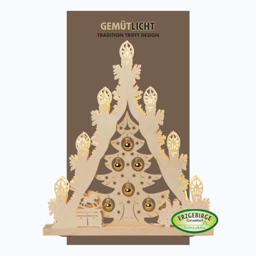 WEIGLA - Lichterspitze original Erzgebirge I Motiv Weihnachtsbaum mit goldenen Kugeln I Lichterbogen Weihnachten I 7 Lampenkerzen + 1 Ersatzlampe I 7 x 34 V, 3 W, E10 I Weihnachtsdeko innen