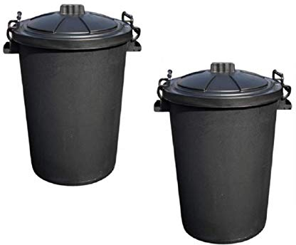 Srendi® 2 x 85L LITRE BLACK BINS DUSIT BIN/GARDEN Large Black Plastic Dustbin Garden Storage Unit Bin Clip On Locking Lid Heavy Duty for Rubbish Waste Animal Feed
