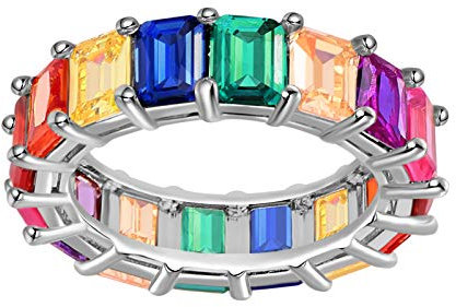 GNOCE Ring Damen Bunte Steine Roségold Frauen Bandringe Regenbogen Baguette geschnittene Ringbänder mit bunten Zirkonia Ewigkeit Eheringe Versprechen Ringe für Sie (Silber, 57 (18.1))