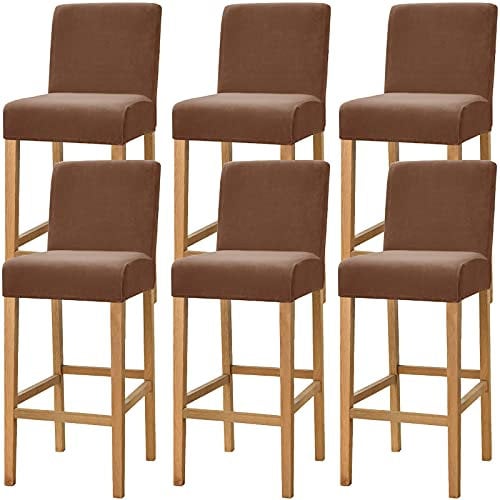 Dimatic Samt Plüsch Stuhl Abdeckung Theke Pub Bar Hocker Stuhl Slipcover für Esszimmer Cafe Barhocker Slipcover Möbelschutz Anti-Rutsch-Bezug mit elastischem Boden, 6er Set, Braun