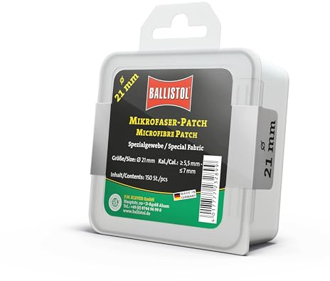 BALLISTOL 23289 Microfaser-Patch, 21mm, 7mm, Spezialgewebe-Patch, 150 Stück | Reinigungspatches, 21mm Durchmesser bis Kaliber 7mm, Box mit, mit Laufreinigungsfilzen, Reinigungsdochte, Putzvlies