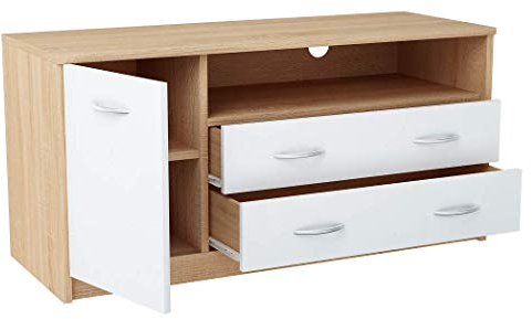 MATKAM Fernsehkommode 1D2S, H55xB110xT41cm, laminierte Möbelplatte 16 mm, EIN offenes Regalfach rechts, darunter 2 Schubladen, Links eine Ablage mit Tür, Metallscharniere (Sonoma Eiche – weiß)