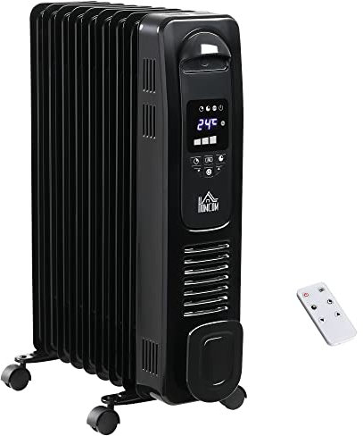 HOMCOM 2000W Digital Oil Filled Radiator, 9 Fin, Portable Electric Heater with LED Display, Timer, 3 Heat Settings, Safety Cut-Off and Remote Control, Black