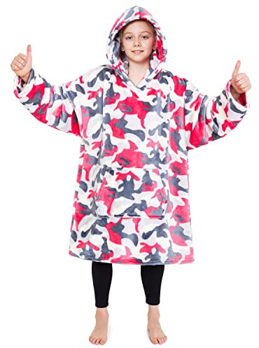 CityComfort Übergroße Hoodie Decke Kinder Fleece Oversize Kapuzenpullover Mädchen Teenager mit Sherpa-Futter und Kängurutasche Geschenk Ideen (Rosa Tarnfarben)