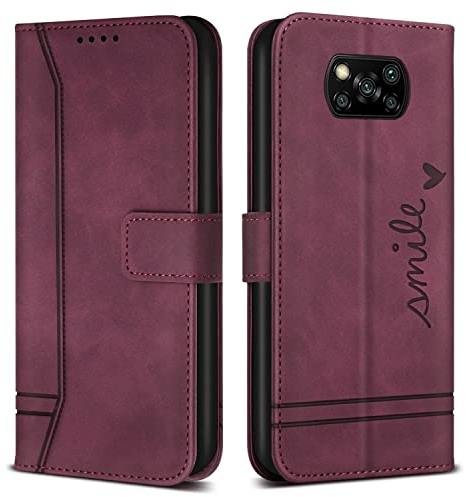Bravoday Hülle für Xiaomi Poco X3 / Xiaomi Poco X3 Pro/Xiaomi Poco X3 NFC, PU Ledertasche Handyhülle Flip Schutzhülle mit Kartenfäch & Kickstand, Weinrot