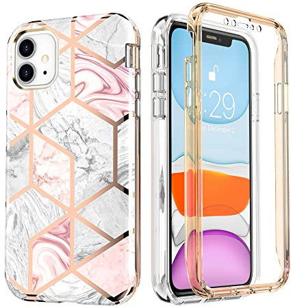 UEEBAI Case for iPhone 11 6.1 inch, Marble Pattern Full Body Protective Case with Built in Screen Protector, Shockproof, Pink