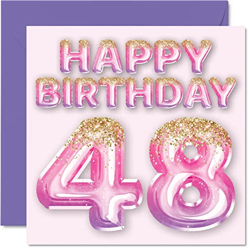 Stuff4 Geburtstagskarte zum 48. Geburtstag für Frauen – rosa und lila Glitzerballons – Happy Karten für 48 Jahre alte Frau Mama Cousin Freund Schwester Tante 145 mm vierzig-achtig Grußkarten Geschenk