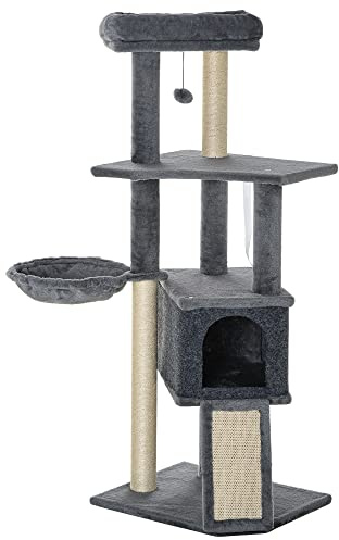 PawHut Arbre à Chat Centre d'activités Multi-équipé griffoirs grattoir Jeu Boule Suspendue Niche Plateformes Gris