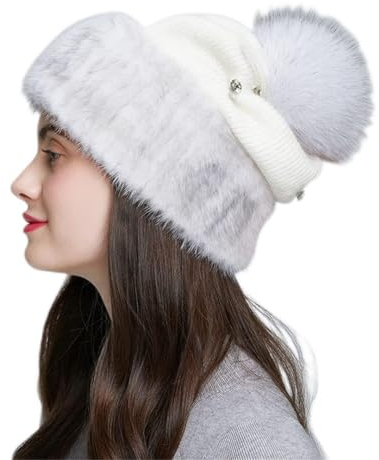Lmtossey Nerz Gestrickte Wollmützen Für Frauen Winter Dicke Warme Slouchy Mützen Weibliche Mützen Mit Bommel