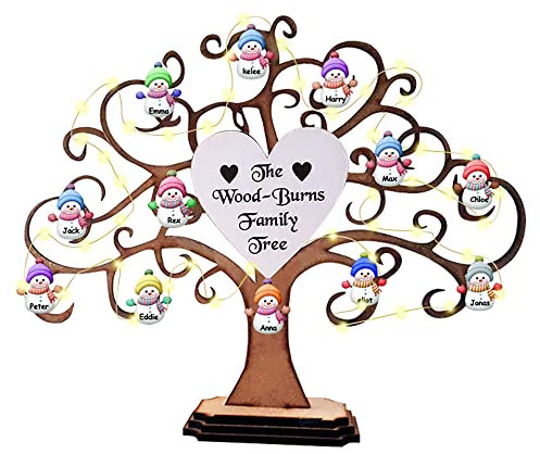 Árbol genealógico de madera personalizado de muñeco de nieve de Navidad, árbol de la vida, letrero de madera personalizado, mesa familiar, luz LED brillante, árbol de computadora, árbol artificial