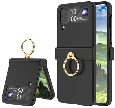Compatible with Galaxy Z Flip 4 Case with Hinge Protection & Ring Kickstand,Slim and Thin Protective Case Cover for Samsung Z Flip 4 5G (Black)