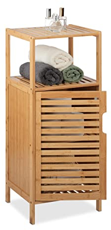 Relaxdays Meuble Salle de Bain Bambou, HxLxP: 87 x 36,5 x 33 cm, Rangement avec Porte, 2 étagères, Armoire, Nature
