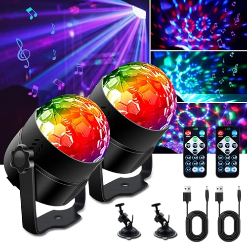 Bonlux Discokugel Partylicht Musikgesteuert DJ RGB Lichteffekt LED 3W 5V 3Mode 7Farbe mit Fernbedienung und USB Kabel RGB Disco 360° Rotierende Partylicht für Party, Weihnachten, Kinder 2Stück