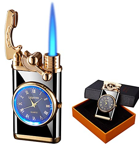 AVCXEC Jet Feuerzeug, Feuerzeug mit Uhr, Winddichtem Tragbares Aufblasbar Feuerzeug, Creative Dial Rocker Arm Inflatable Lighter für Männer und Vater Geschenks mit Geschenkbox, für Zigarette, Schwarz