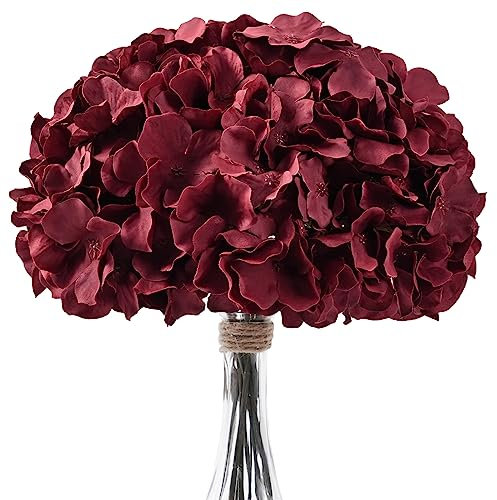 Alishomtll Künstliche Hortensien, 5 Stück, künstliche Blumen zur Dekoration, fühlen sich echt an, burgunderrote Seidenblumen mit Stielen, künstliche dekorative Blumen für den Außenbereich, Hochzeit,