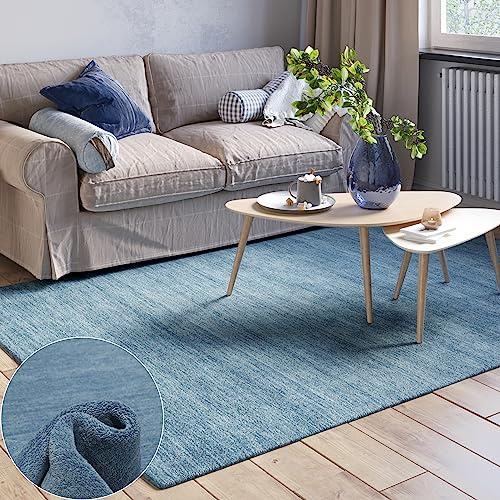 MY-RUG Wollteppich 140 x 200 cm aus Reiner Schurwolle - Blau - Devi | Handgewebter Naturteppich, extra schwere Oeko-Tex Qualität, robuster Wohnzimmerteppich, 100% Wolle, weich & langlebig