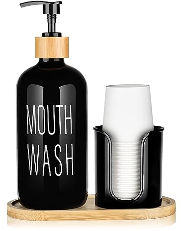 BYAWAY Black Mouthwash Dispenser - 16oz Glass Bottle with Bamboo Pump, Cup Holder, 14 Cups, Bamboo Tray, Funnel