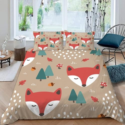 AASIRA Cartoon-Fuchs Bettwäsche 135x200 Kinder Bettwäsche Kawaii-Tiere Weiche Mikrofaser Bettbezug mit Reißverschluss Jungen Mädchen Bettwäsche-Set 3D Motiv Bettbezüge mit 2 Kissenbezug 80x80