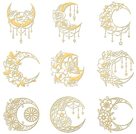 OLYCRAFT 9 Stück 4x4cm Mond Metallaufkleber Mit Schmetterlingsmuster Selbstklebende Goldene Aufkleber Mandala Blume Goldene Metallaufkleber Für DIY Kunstharz Basteln Telefon Wasserflasche Dekor