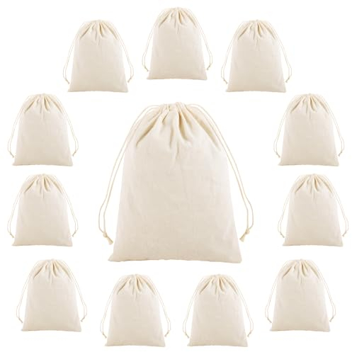 12 Stück Stoffbeutel mit Kordelzug, Baumwollsäckchen 15x20 cm Stoffbeutel zum Bemalen Geschenkbeutel Stoff Baumwollbeutel Klein für DIY Mitbringsel Kindergeburtstag Hochzeit Party