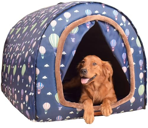 HAZARA Haustierbett, Großer Hundehütte mit Vorhang, Innen Warm Hundehütte Vier Jahreszeiten Hundehöhle Iglu Haus Waschbar Faltbare Haustier Kissen,XXXL 100 * 80 * 70cm
