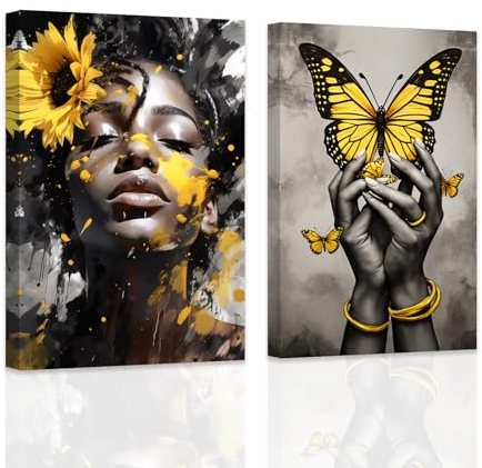 ZXHYWYM 2 Stück afroamerikanisches Wandbild schwarze Frauenhand mit Schmetterling Bild schwarz gelb grau Wanddekoration Sonnenblumenmädchen Leinwanddruck mit Rahmen (A (40x60cmx2))
